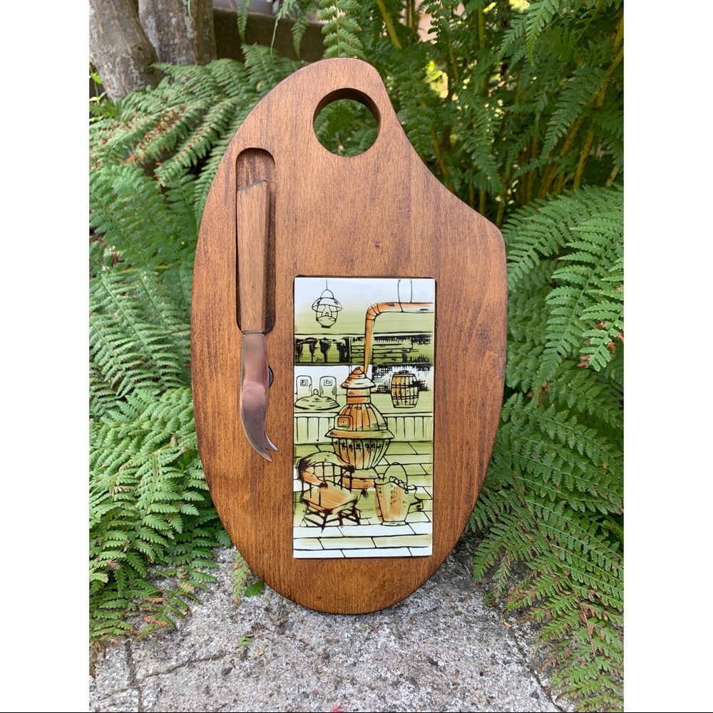 Vintage wood cheese board with knife
